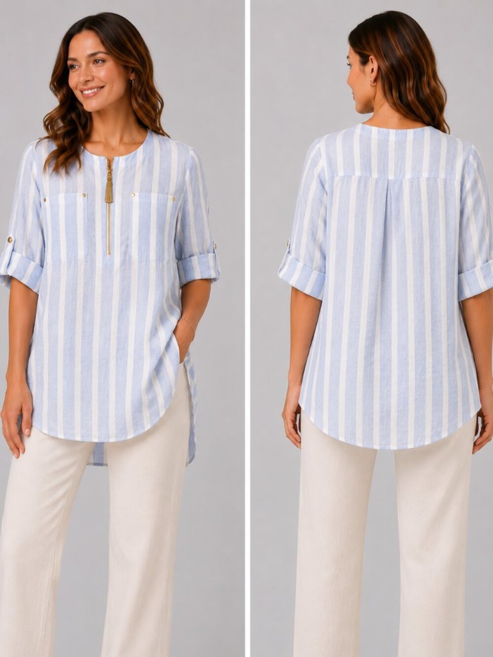 Ellen Tracy 100% Linen Striped Blouse Top Gold Zip Tassel Blue White Size S